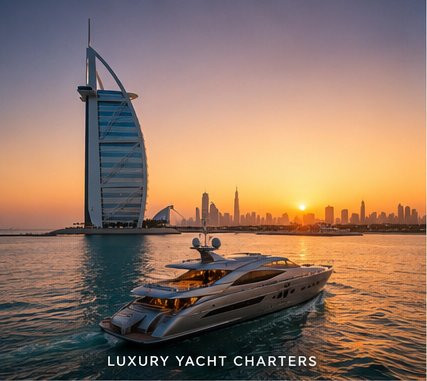 Luxury yacht charter at sunset with Burj Al Arab, Dubai